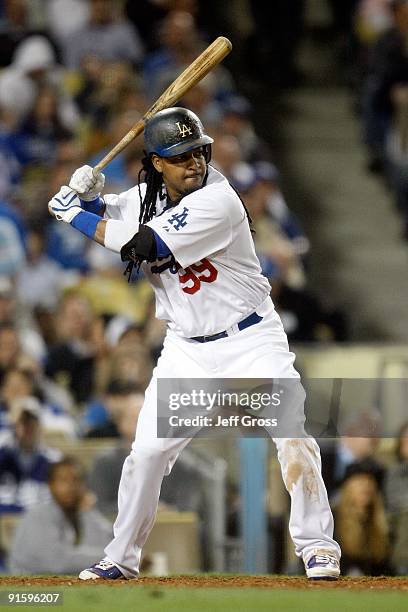 Manny Ramirez of the Los Angeles Dodgers at bat against the St. Louis Cardinals in Game One of the NLDS during the 2009 MLB Playoffs at Dodger...