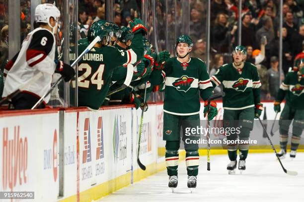 Minnesota Wild defenseman Mike Reilly is congratulated after scoring in the 2nd period to make it 3-0 during the Western Conference game between the...