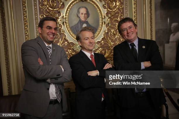 Sen. Rand Paul takes a brief break from the floor of the U.S. Senate to pose for a photo with Rep. Justin Amash and Rep. Thomas Massie at the U.S....