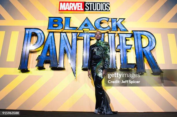 Danai Gurira attends the European Premiere of 'Black Panther' at Eventim Apollo on February 8, 2018 in London, England.