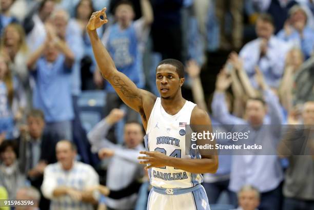 Kenny Williams of the North Carolina Tar Heels reacts after a play against the Duke Blue Devils during their game at Dean Smith Center on February 8,...