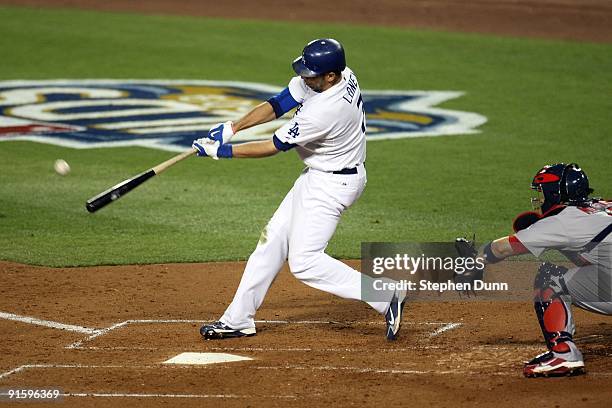 James Loney of the Los Angeles Dodgers at bat against the St. Louis Cardinals in Game One of the NLDS during the 2009 MLB Playoffs at Dodger Stadium...