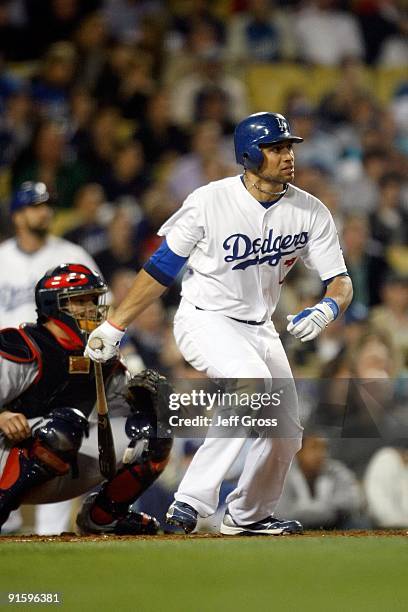 James Loney of the Los Angeles Dodgers at bat against the St. Louis Cardinals in Game One of the NLDS during the 2009 MLB Playoffs at Dodger Stadium...