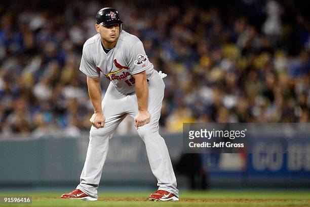 Matt Holliday of the St. Louis Cardinals looks on while on base in Game One of the NLDS during the 2009 MLB Playoffs against the Los Angeles Dodgers...