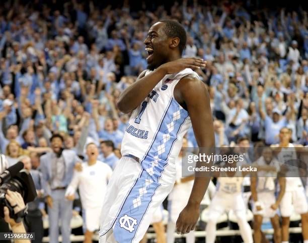 Theo Pinson of the North Carolina Tar Heels reacts after a dunk against the Duke Blue Devils during their game at Dean Smith Center on February 8,...
