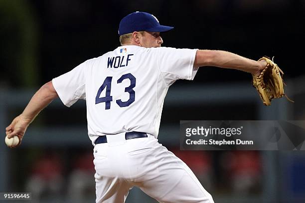 Pitcher Randy Wolf of the Los Angeles Dodgers on the mound in the fourth inning against the St. Louis Cardinals in Game One of the NLDS during the...