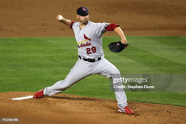 Pitcher Chris Carpenter of the St. Louis Cardinals pitches against the Los Angeles Dodgers in Game One of the NLDS during the 2009 MLB Playoffs at...