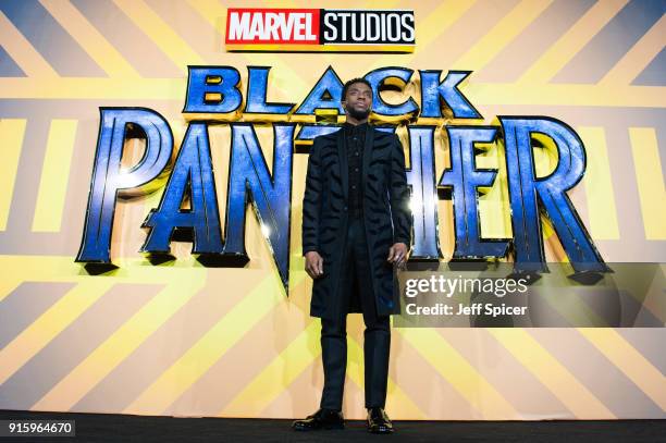 Chadwick Boseman attends the European Premiere of 'Black Panther' at Eventim Apollo on February 8, 2018 in London, England.