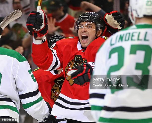 Artem Anisimov of the Chicago Blackhawks celebrates his second period goal against the Dallas Stars at the United Center on February 8 2018 in...