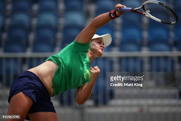 Ashleigh Barty of Australia serves during practice ahead of the Fed Cup tie between Australia and the Ukraine on February 9, 2018 in Canberra,...