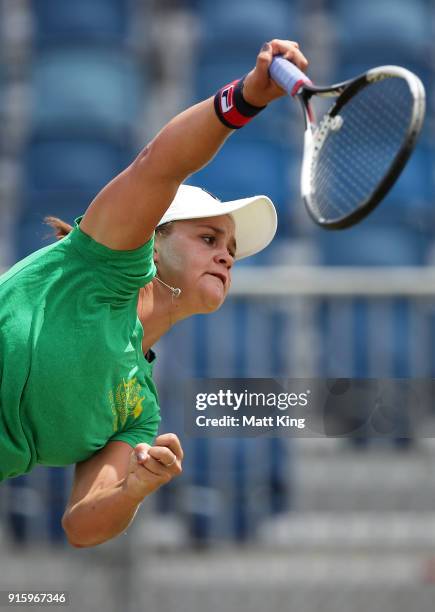 Ashleigh Barty of Australia serves during practice ahead of the Fed Cup tie between Australia and the Ukraine on February 9, 2018 in Canberra,...