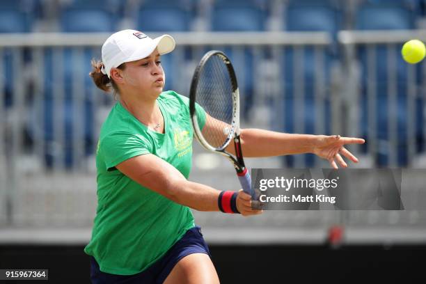 Ashleigh Barty of Australia plays a forehand during practice ahead of the Fed Cup tie between Australia and the Ukraine on February 9, 2018 in...