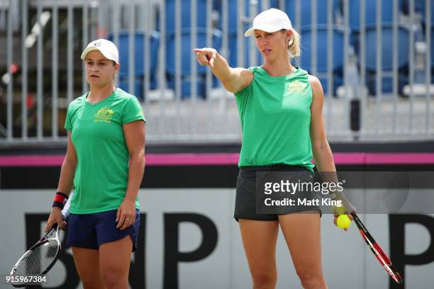 Australia captain Alicia Molik talks to Ashleigh Barty of Australia during practice ahead of the Fed Cup tie between Australia and the Ukraine on...