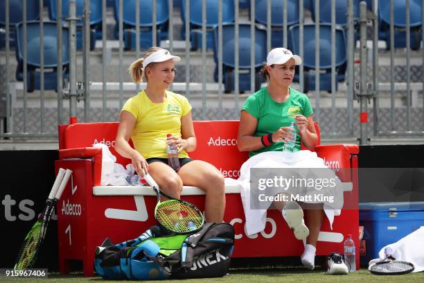 Daria Gavrilova of Australia and Ashleigh Barty of Australia take a break during practice ahead of the Fed Cup tie between Australia and the Ukraine...