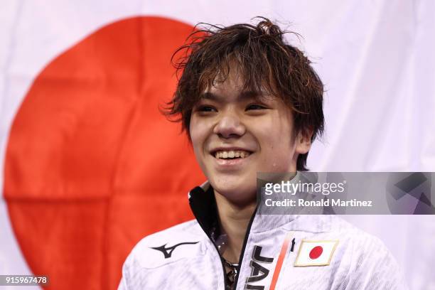 Shoma Uno of Japan reacts after competing in the Figure Skating Team Event - Men's Single Skating Short Program during the PyeongChang 2018 Winter...