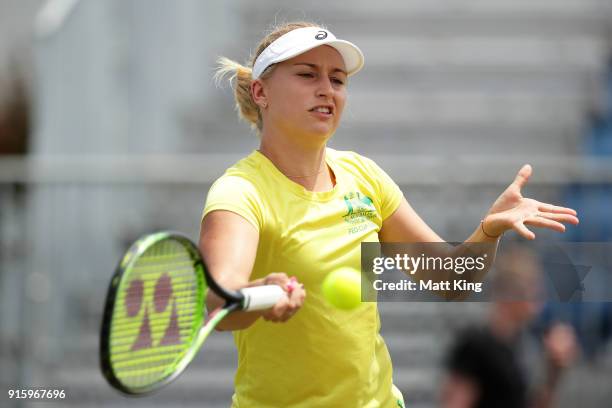 Daria Gavrilova of Australia plays a forehand during practice ahead of the Fed Cup tie between Australia and the Ukraine on February 9, 2018 in...