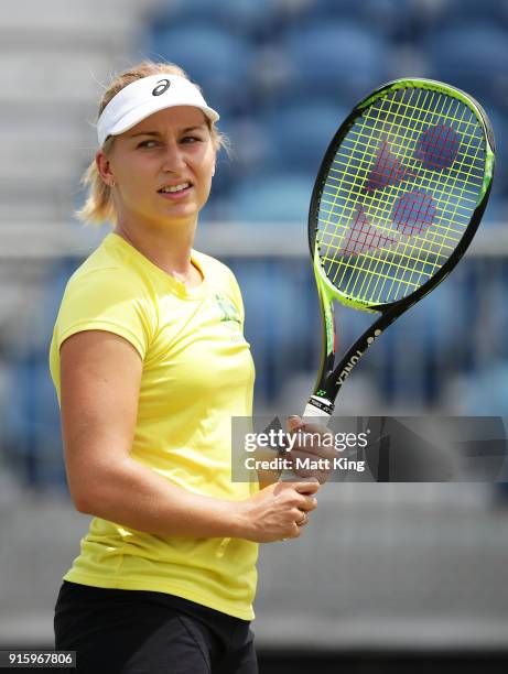 Daria Gavrilova of Australia looks on during practice ahead of the Fed Cup tie between Australia and the Ukraine on February 9, 2018 in Canberra,...