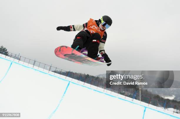 Snowboarder Elizabeth Hosking of Canada trains ahead of the PyeongChang 2018 Winter Olympic Games at Phoenix Snow Park on February 9, 2018 in...