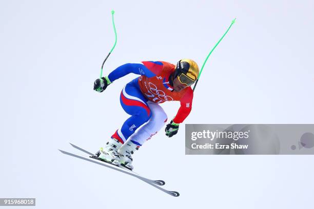 Johan Clarey of France makes a run during the Men's Downhill Alpine Skiing training at Jeongseon Alpine Centre on February 9, 2018 in...