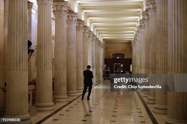 Hallways are quiet inside the U.S. Capitol as debate in the Senate stretches on February 8, 2018 in Washington, DC. Lawmakers remain at the Capitol...