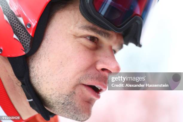 Patrick Kueng of Switzerland looks on during the Men's Downhill Alpine Skiing training at Jeongseon Alpine Centre on February 9, 2018 in...