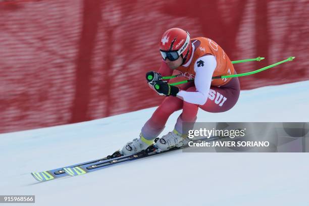 Switzerland's Patrick Kueng takes part in the Men's Downhill 2nd training at the Jeongseon Alpine Center during the Pyeongchang 2018 Winter Olympic...