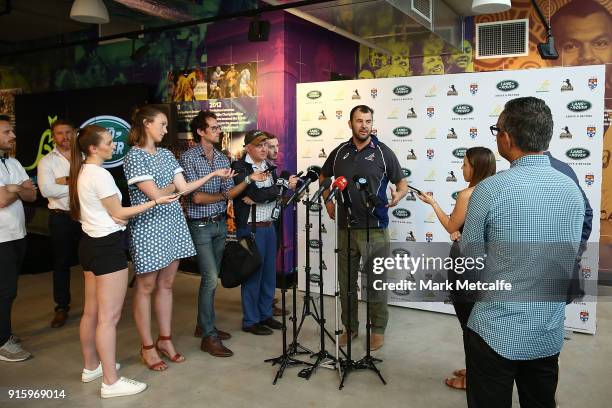 Wallabies coach Michael Cheika speaks to the media during an Australian Wallabies media opportunity at Rugby Australia HQ on February 9, 2018 in...