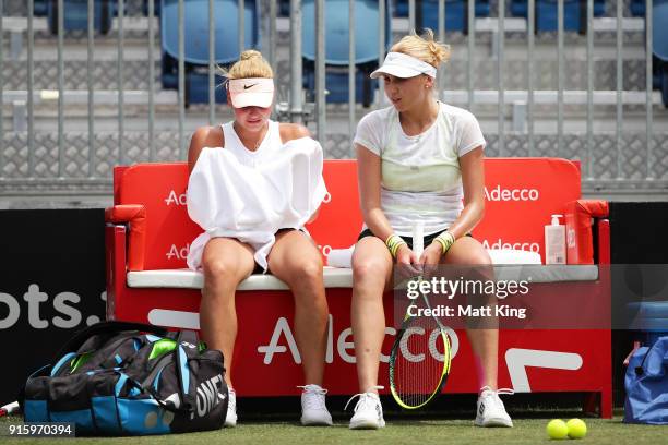 Marta Kostyuk of Ukraine talks to Lyudmyla Kichenok of Ukraine during practice ahead of the Fed Cup tie between Australia and the Ukraine on February...