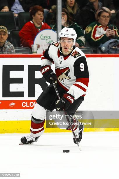 Arizona Coyotes center Clayton Keller in action during the Western Conference game between the Arizona Coyotes and the Minnesota Wild on February 8,...