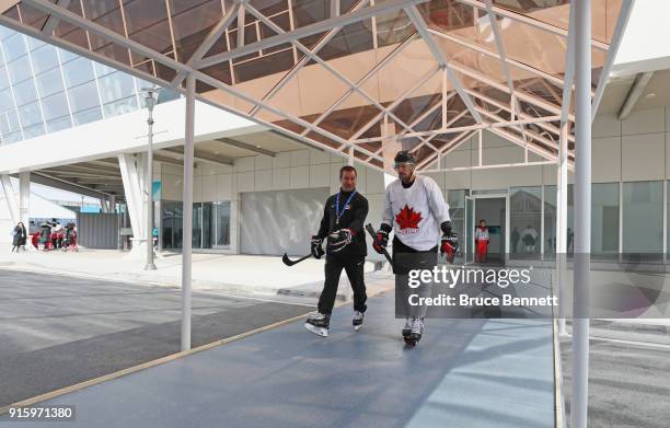 Assistant coach Scott Walker and Chris Kelly of the Men's Canadian Ice Hockey Team head to practice ahead of the PyeongChang 2018 Winter Olympic...