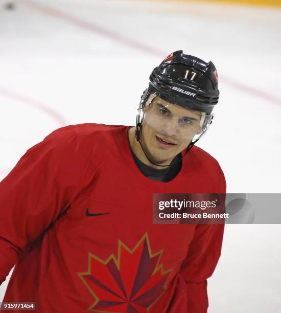 René Bourque of the Men's Canadian Ice Hockey Team practices ahead of the PyeongChang 2018 Winter Olympic Games at the Gangneung Hockey Training...