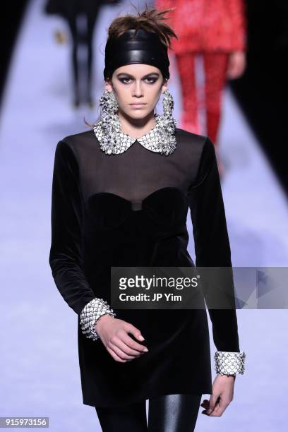 Kaia Gerber walks the runway at the Tom Ford Womenswear FW18 Collection at Park Avenue Armory on February 8, 2018 in New York City.