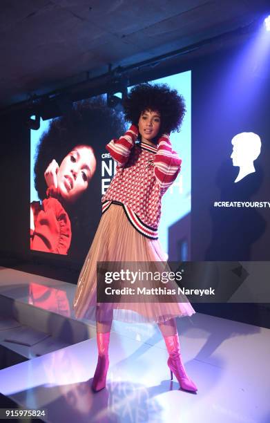 Model on stage of the 120th anniversary celebration of Schwarzkopf at U3 subway tunnel Potsdamer Platz on February 8, 2018 in Berlin, Germany.