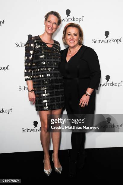 Nicola Surholt and Marie-Eve Schroeder attend the 120th anniversary celebration of Schwarzkopf at U3 subway tunnel Potsdamer Platz on February 8,...