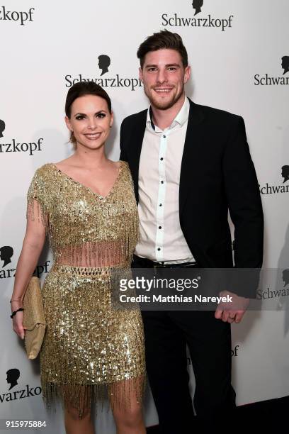 Denise Temlitz and Pascal Kappes attend the 120th anniversary celebration of Schwarzkopf at U3 subway tunnel Potsdamer Platz on February 8, 2018 in...