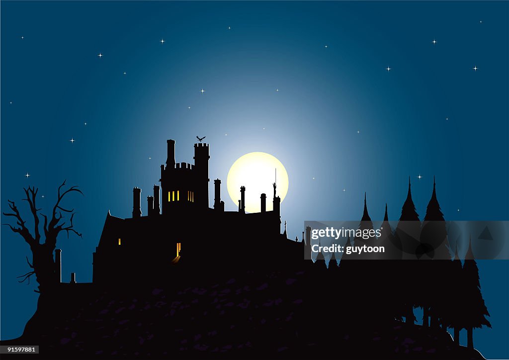 Graphic silhouette illustration of a haunted house