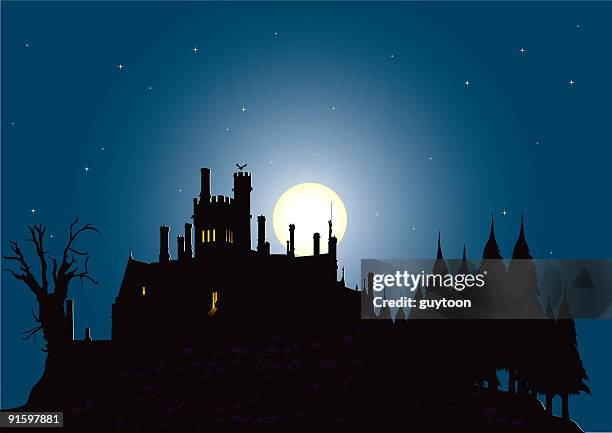 graphic silhouette illustration of a haunted house - noctule bat stock illustrations