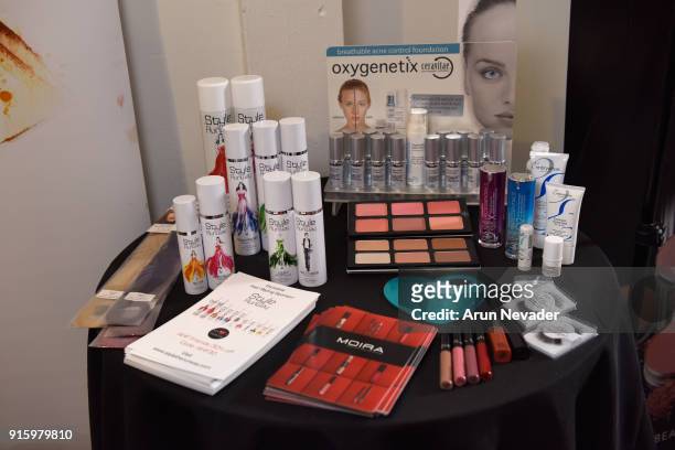 Style the Runway hair products and Oxygentix foundation on display backstage backstage at New York Fashion Week Powered by Art Hearts Fashion NYFW at...