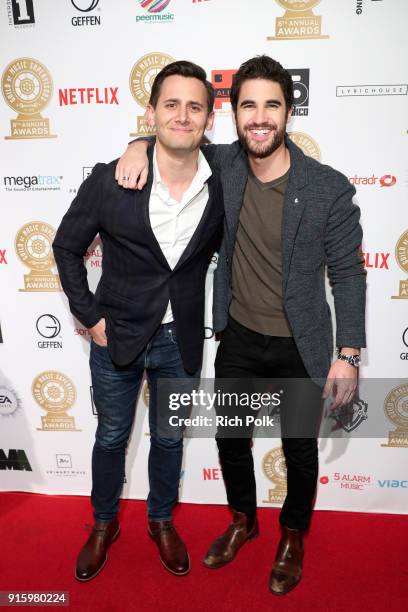 Benj Pasek and Darren Criss attend the 8th Annual Guild of Music Supervisors Awards at The Theatre at Ace Hotel on February 8, 2018 in Los Angeles,...