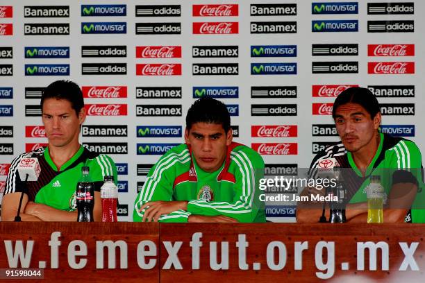 Mexico's National Team players Guillermo Franco Carlos Salcido and Juan Francisco Palencia attend a press conference after a training session at the...
