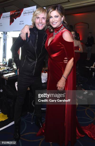Designer Marc Bouwer and Kathy Ireland pose backstage at the Red Dress / Go Red For Women Fashion Show at Hammerstein Ballroom on February 8, 2018 in...