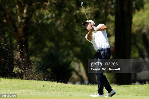 Dimitrios Papadatos of Australia hits his 2nd shot on the 11th hole during day two of the World Super 6 at Lake Karrinyup Country Club on February 9,...