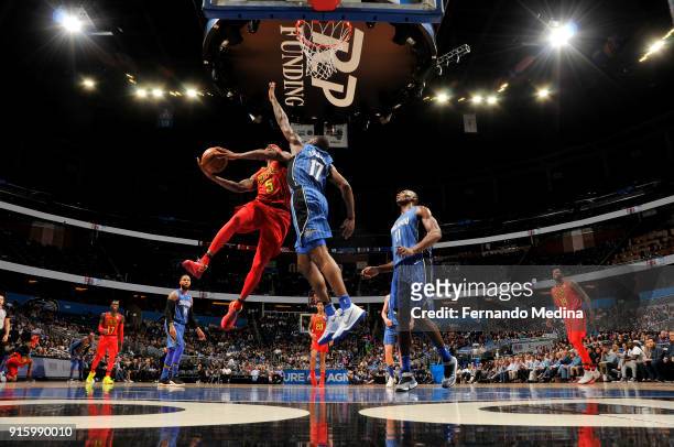 Malcolm Delaney of the Atlanta Hawks goes to the basket against the Orlando Magic on February 8, 2018 at Amway Center in Orlando, Florida. NOTE TO...