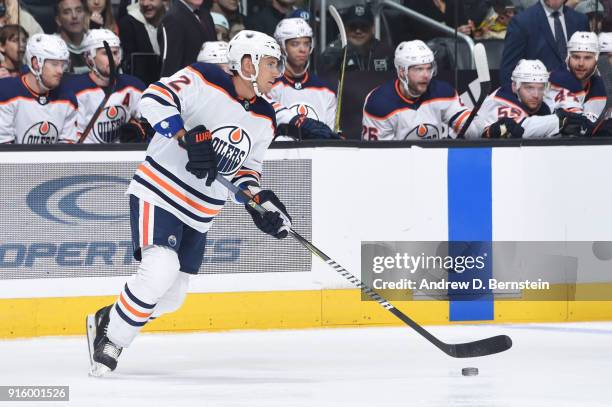 Andrej Sekera of the Edmonton Oilers handles the puck during a game against the Los Angeles Kings at STAPLES Center on February 7, 2018 in Los...