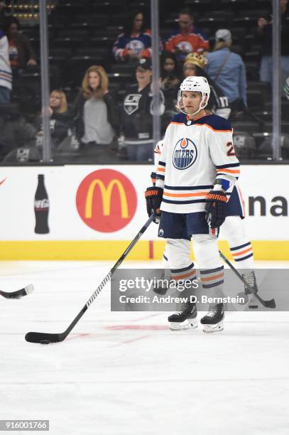 Andrej Sekera of the Edmonton Oilers looks on before a game against the Los Angeles Kings at STAPLES Center on February 7, 2018 in Los Angeles,...