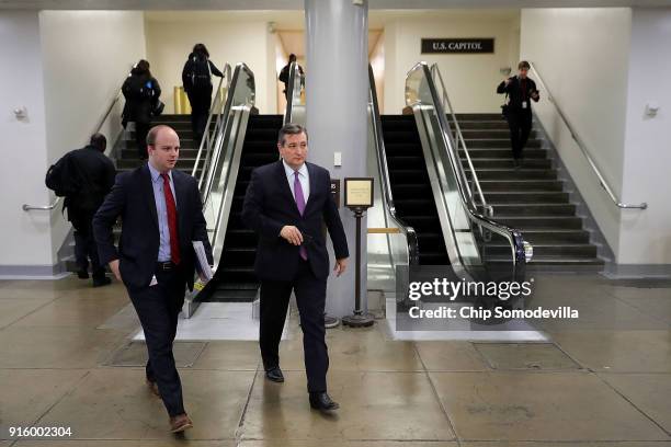 Sen. Ted Cruz leaves the U.S. Capitol after the Senate went into recess at 11p.m. February 8, 2018 in Washington, DC. Despite attempts by Republicans...