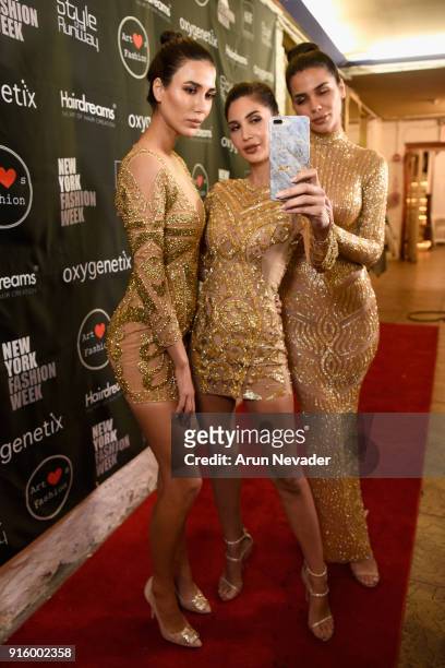NadineAbdel Aziz , Alice Abdel Aziz and Farah Abdel Aziz pose backstage at New York Fashion Week Powered by Art Hearts Fashion NYFW at The Angel...