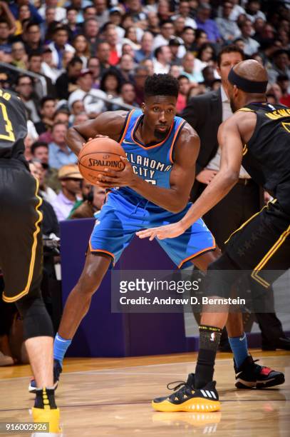 Daniel Hamilton of the Oklahoma City Thunder handles the ball during the game against the Los Angeles Lakers on February 8, 2018 at STAPLES Center in...