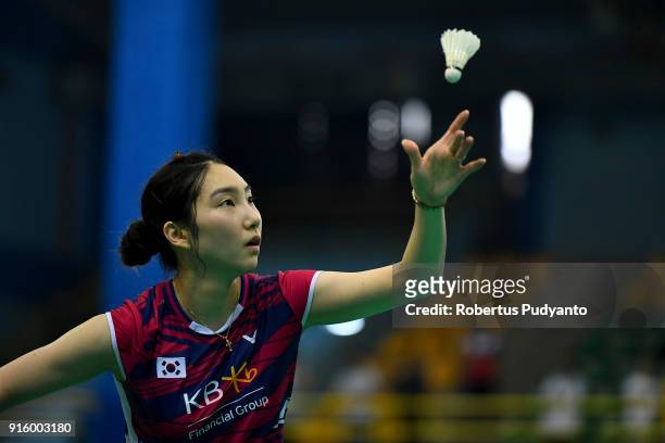 Sung Ji Hyun of Korea competes against Soniia Cheah of Malaysia during Women's Team Quarter-final match of the E-Plus Badminton Asia Team...