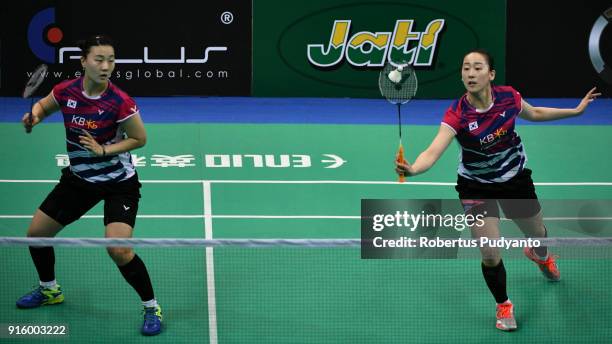 Lee So Hee and Shin Seung Chan of Korea compete against Vivian Hoo and Jing Yi Tee of Malaysia during Women's Team Quarter-final match of the E-Plus...